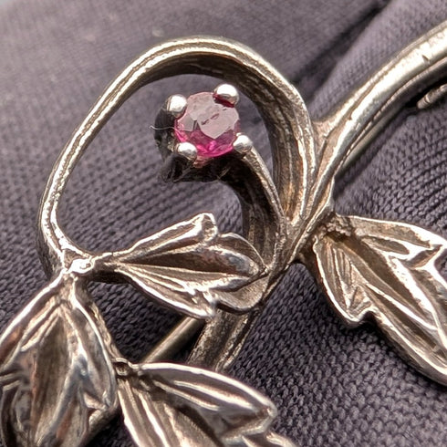 Vintage Silver Floral Decorated Purple Stone Twig Brooch