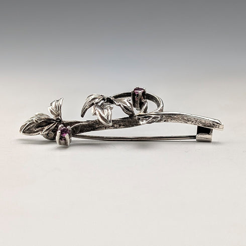 Vintage Silver Floral Decorated Purple Stone Twig Brooch