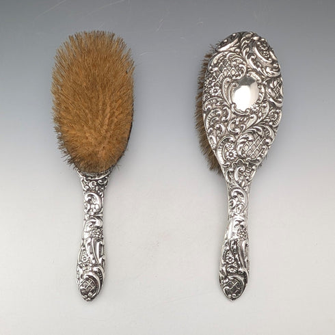 1910 British antique pure silver decorated handle hairbrush pair J&R Griffin