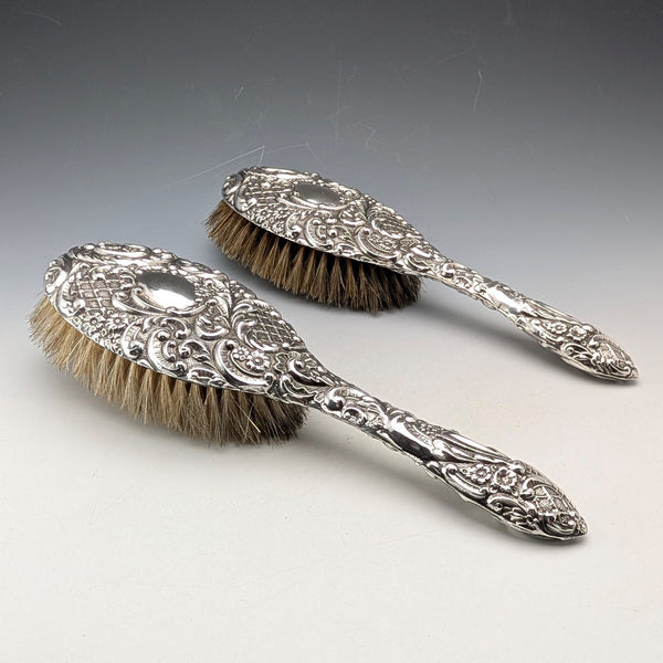 1910 British antique pure silver decorated handle hairbrush pair J&R Griffin