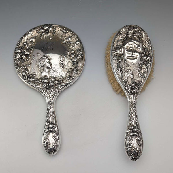 1900年頃 米国アンティーク 純銀アール・ヌーヴォー装飾 ヘアブラシ&ハンドミラー Foster&Bailey