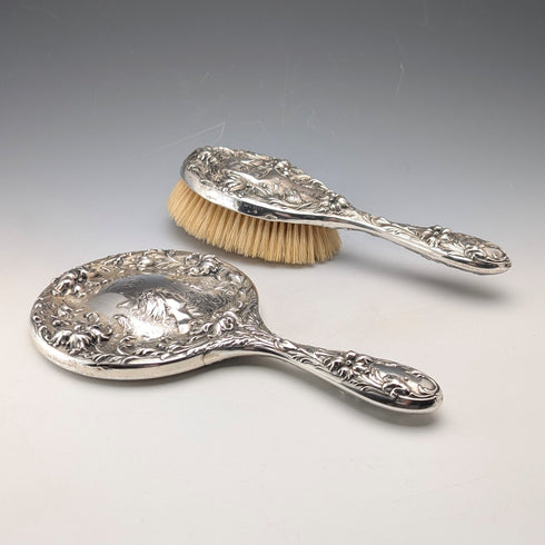 Circa 1900 American antique pure silver Art Nouveau decoration hairbrush and hand mirror Foster & Bailey