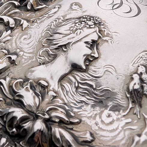 Circa 1900 American antique pure silver Art Nouveau decoration hairbrush and hand mirror Foster & Bailey