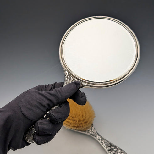 Circa 1900 American antique pure silver Art Nouveau decoration hairbrush and hand mirror Foster & Bailey