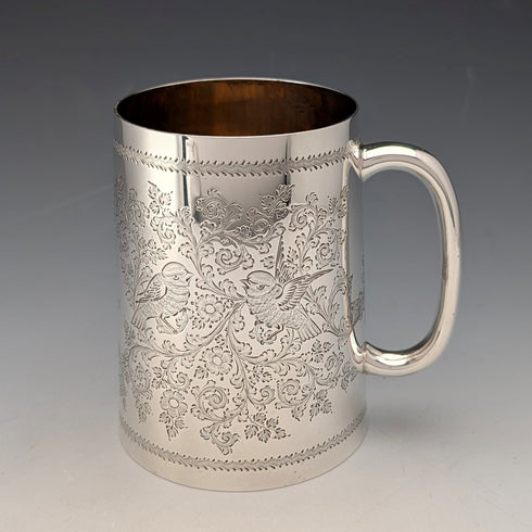 1906 British antique sterling silver flower and bird decoration mug 187g George Edward & Sons