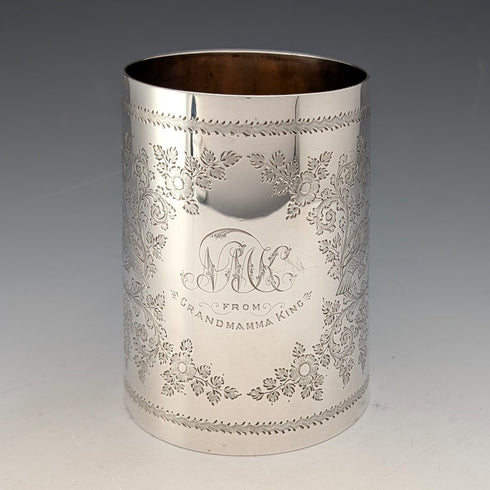 1906 British antique sterling silver flower and bird decoration mug 187g George Edward & Sons