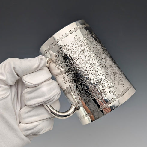 1906 British antique sterling silver flower and bird decoration mug 187g George Edward & Sons