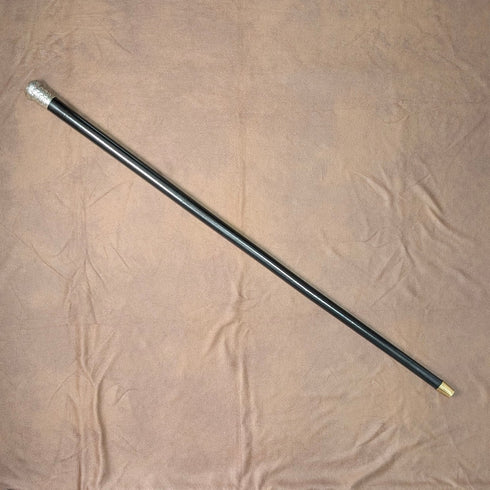 1910 British antique black shaft sterling silver rondelle handle walking stick 84cm