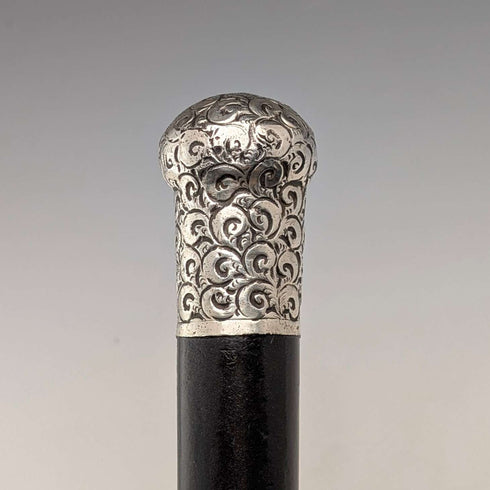 1910 British antique black shaft sterling silver rondelle handle walking stick 84cm