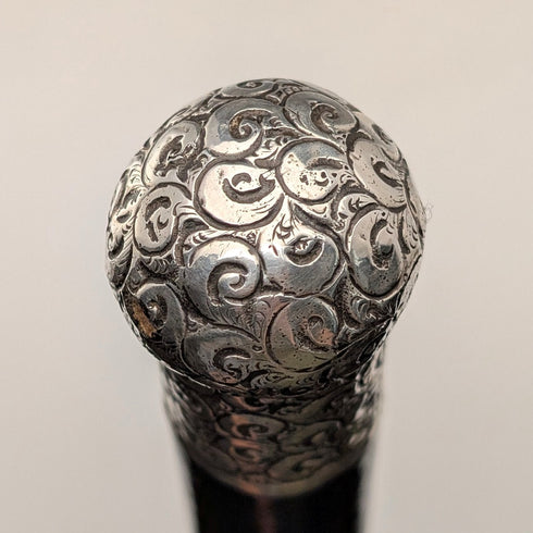 1910 British antique black shaft sterling silver rondelle handle walking stick 84cm