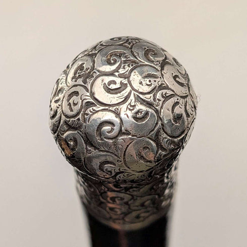 1910 British antique black shaft sterling silver rondelle handle walking stick 84cm