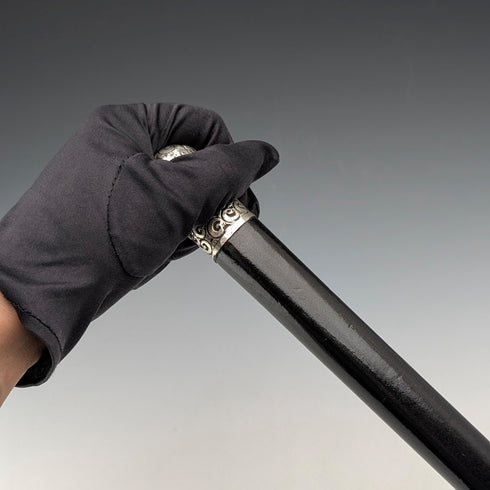 1910 British antique black shaft sterling silver rondelle handle walking stick 84cm