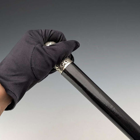1910 British antique black shaft sterling silver rondelle handle walking stick 84cm