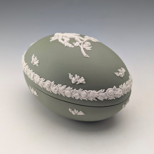 British Vintage Wedgwood Jasperware Egg-Shaped Trinket Box, Green