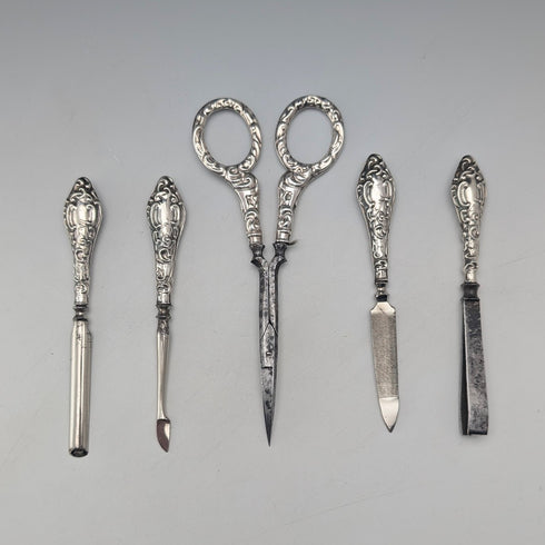 1910 British antique sterling silver handle grooming set of 5, J&R Griffin, with case