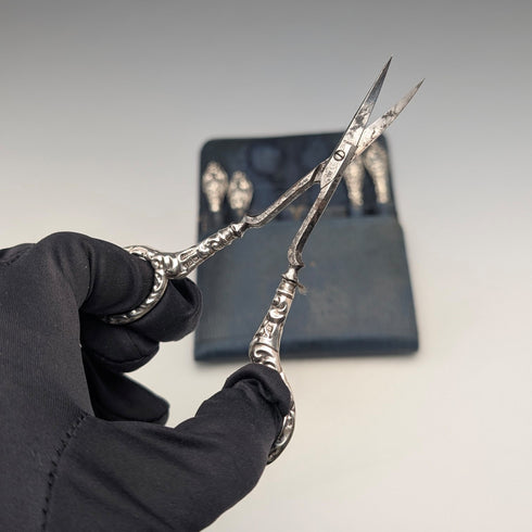 1910 British antique sterling silver handle grooming set of 5, J&R Griffin, with case