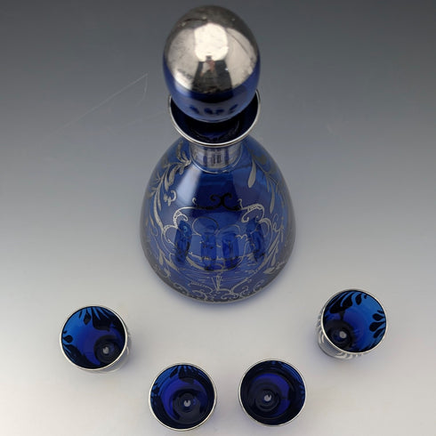 Vintage American Cobalt Blue Silver Overlay Decanter Cups Set of 4