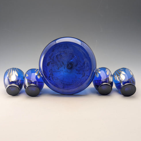 Vintage American Cobalt Blue Silver Overlay Decanter Cups Set of 4