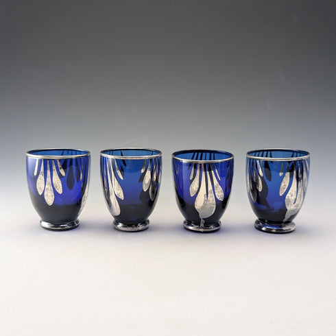 Vintage American Cobalt Blue Silver Overlay Decanter Cups Set of 4