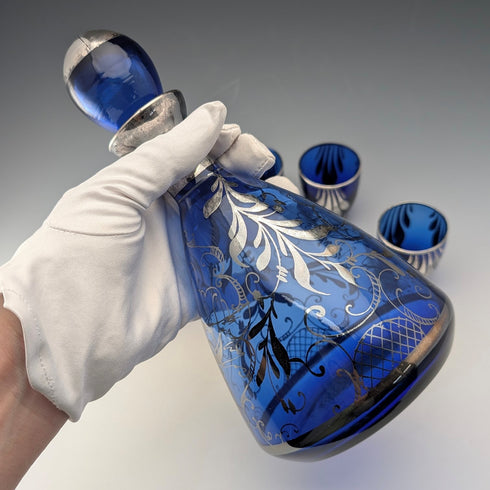 Vintage American Cobalt Blue Silver Overlay Decanter Cups Set of 4