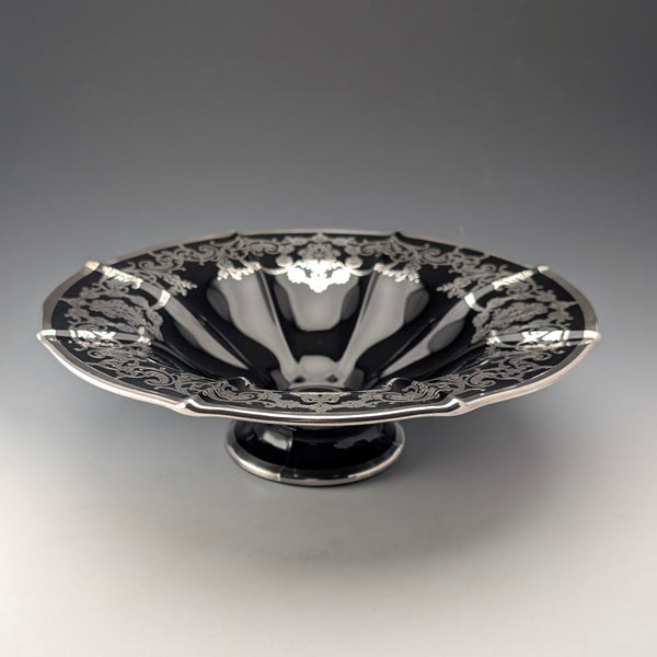Antique American ebony glass silver overlay footed bowl, diameter 28cm