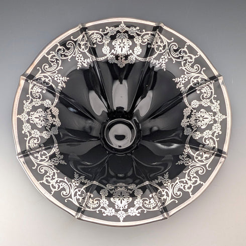 米国アンティーク エボニーガラス シルバーオーバーレイ 脚付きボウル 直径28cm