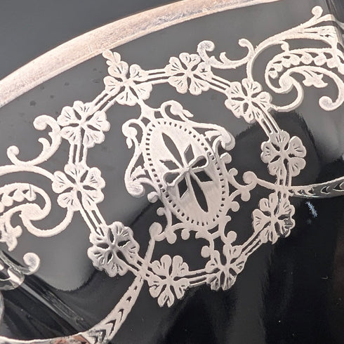 米国アンティーク エボニーガラス シルバーオーバーレイ 脚付きボウル 直径28cm