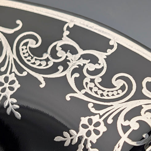 米国アンティーク エボニーガラス シルバーオーバーレイ 脚付きボウル 直径28cm