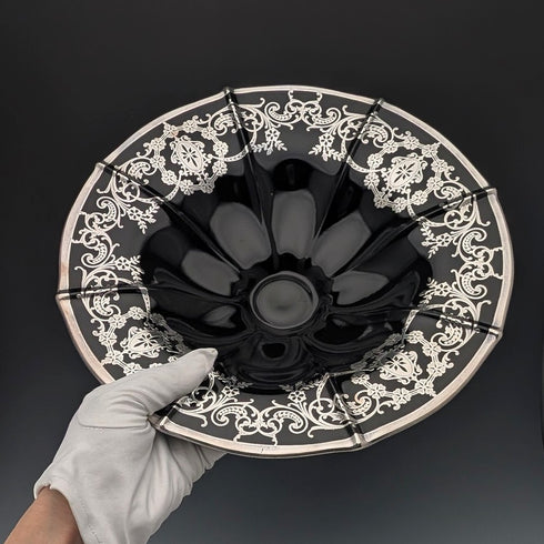 米国アンティーク エボニーガラス シルバーオーバーレイ 脚付きボウル 直径28cm