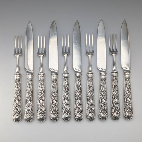 Early Victorian British Antique Pure Silver Handle Dessert Cutlery 5 Pairs Aaron Hadfield