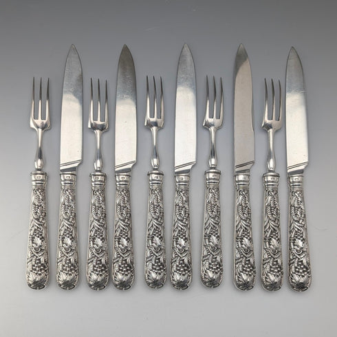 Early Victorian British Antique Pure Silver Handle Dessert Cutlery 5 Pairs Aaron Hadfield