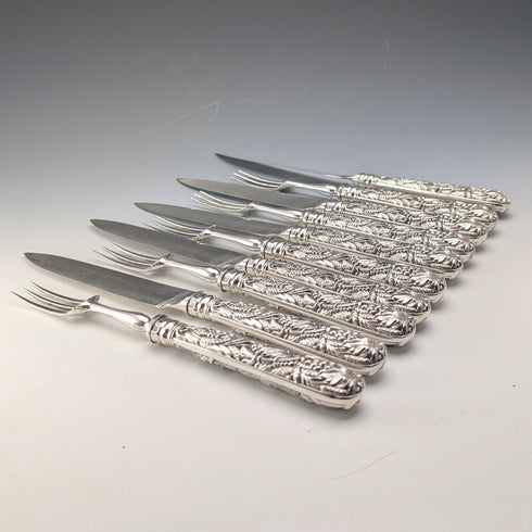 Early Victorian British Antique Pure Silver Handle Dessert Cutlery 5 Pairs Aaron Hadfield