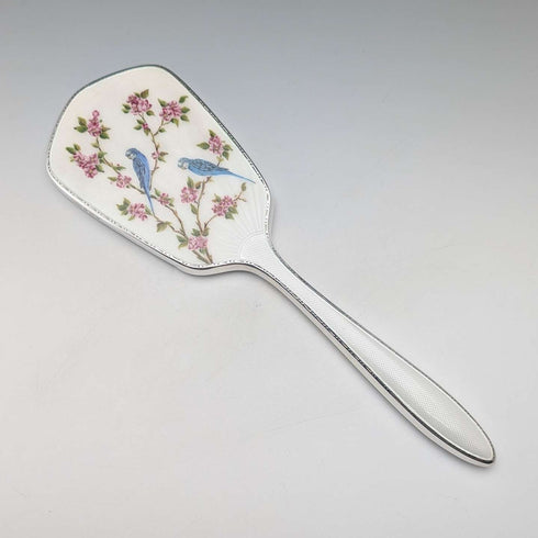 1947年 英国ヴィンテージ 純銀ギロシェエナメル花鳥装飾 ハンドミラー Henry Clifford Davis