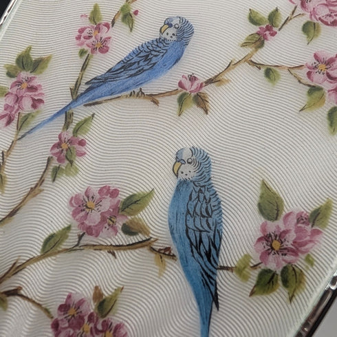 1947年 英国ヴィンテージ 純銀ギロシェエナメル花鳥装飾 ハンドミラー Henry Clifford Davis