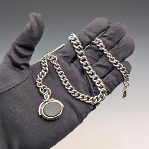 約 1919 年英國古董純銀阿爾伯特鍊,61 克,純銀底座,雙色旋轉錶鍊