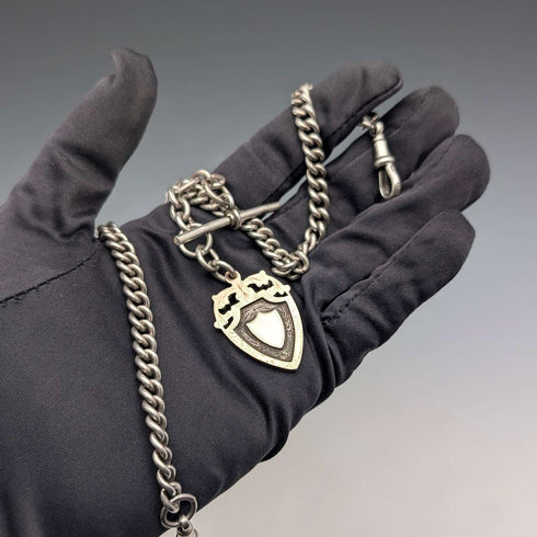 1929 British Vintage Sterling Silver Double Albert Chain 56g Gold Plated Sterling Silver Medal Fob