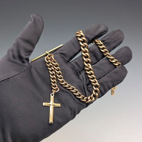 アンティーク ロールドゴールド製 アルバートチェーン 十字架フォブ