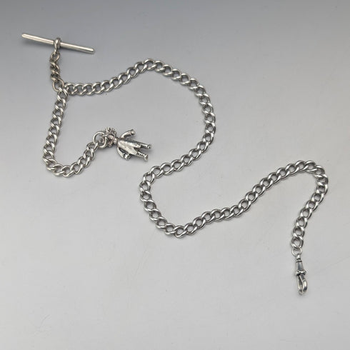 約 1900 年英國古董純銀長阿爾伯特鏈 48 克小丑吊墜