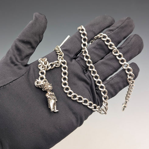 約 1900 年英國古董純銀長阿爾伯特鏈 48 克小丑吊墜