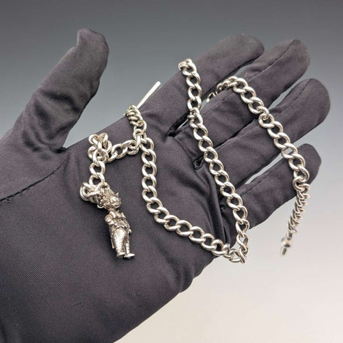 1900年頃 英国アンティーク 純銀製 ロングアルバートチェーン 48g ピエロチャームフォブ