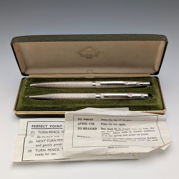 1975 British vintage sterling silver ballpoint pen and push-type pencil William Manton with case
