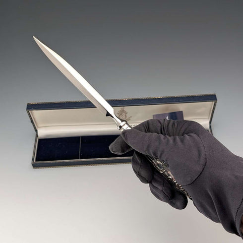 1998 British vintage sterling silver handle letter opener in case, very good condition