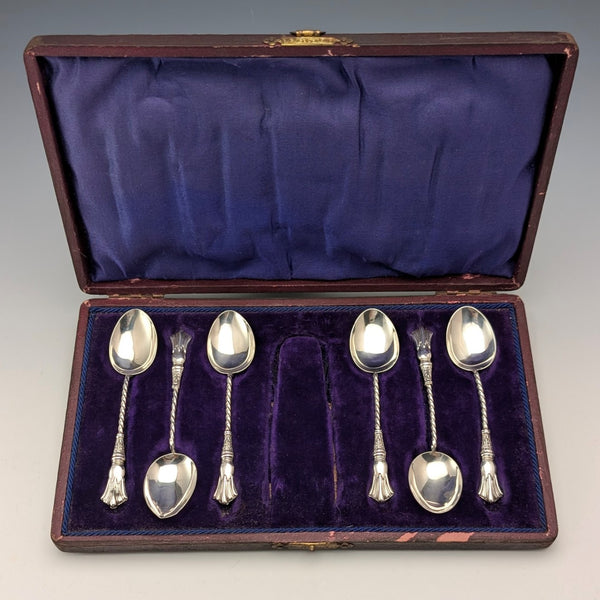 1907 British antique sterling silver tea spoon set of 6, total weight 37g, case included, William Devenport