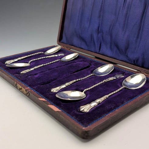 1907 British antique sterling silver tea spoon set of 6, total weight 37g, case included, William Devenport