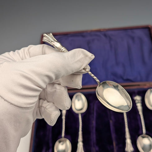1907 British antique sterling silver tea spoon set of 6, total weight 37g, case included, William Devenport