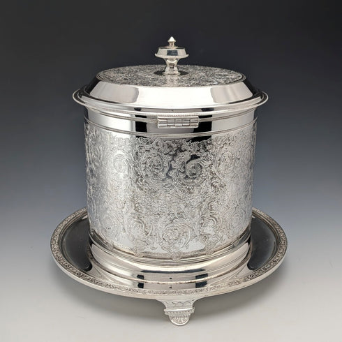 英国アンティーク シルバープレート製 花装飾 ビスケットバレル