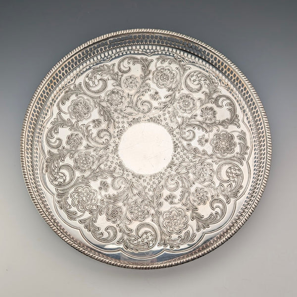 Vintage British silver plate gallery tray, diameter 26cm, Viners