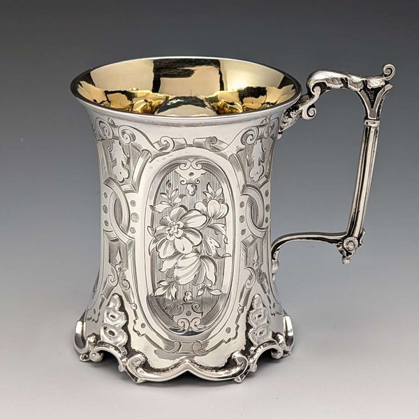 1854年 英国アンティーク 純銀製 マグカップ フローラル装飾 163g John Evans II