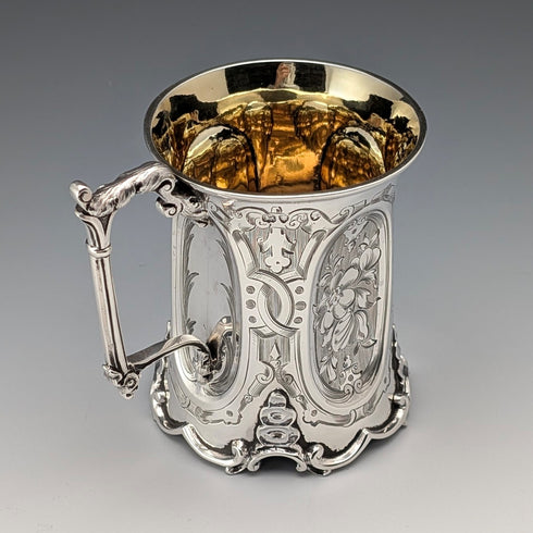 1854年 英国アンティーク 純銀製 マグカップ フローラル装飾 163g John Evans II