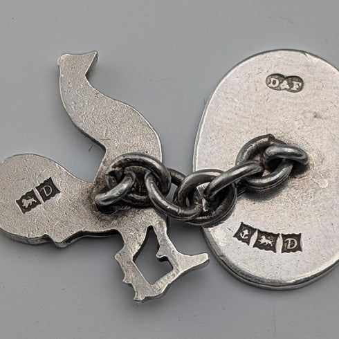 1953 British Vintage Rooster Sculpture Sterling Silver Cufflinks, Deakin & Francis